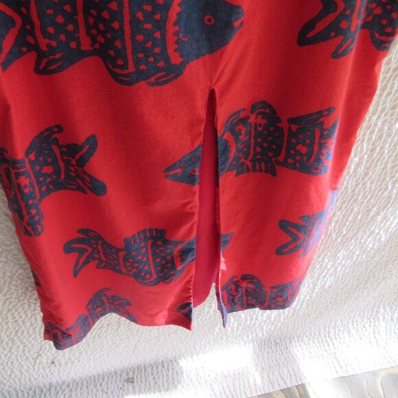 Vintage Red Dress M 10 Graphic Navy Fish Print 17in High Front Slit Long Cotton - Picture 1 of 14